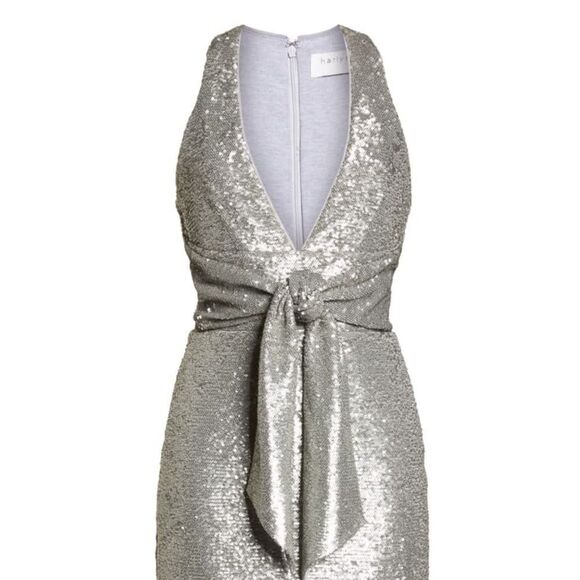 Silver Metallic HARLYN Sequin Embellished Plunge Neck Tie-Waist Midi Dress (NWT) - Picture 6 of 8
